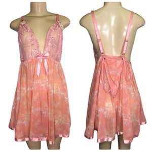 NEW Spree Intimates Pink Orange Tie Dye Lace Sequin Babydoll‎ Lingerie Set 2X